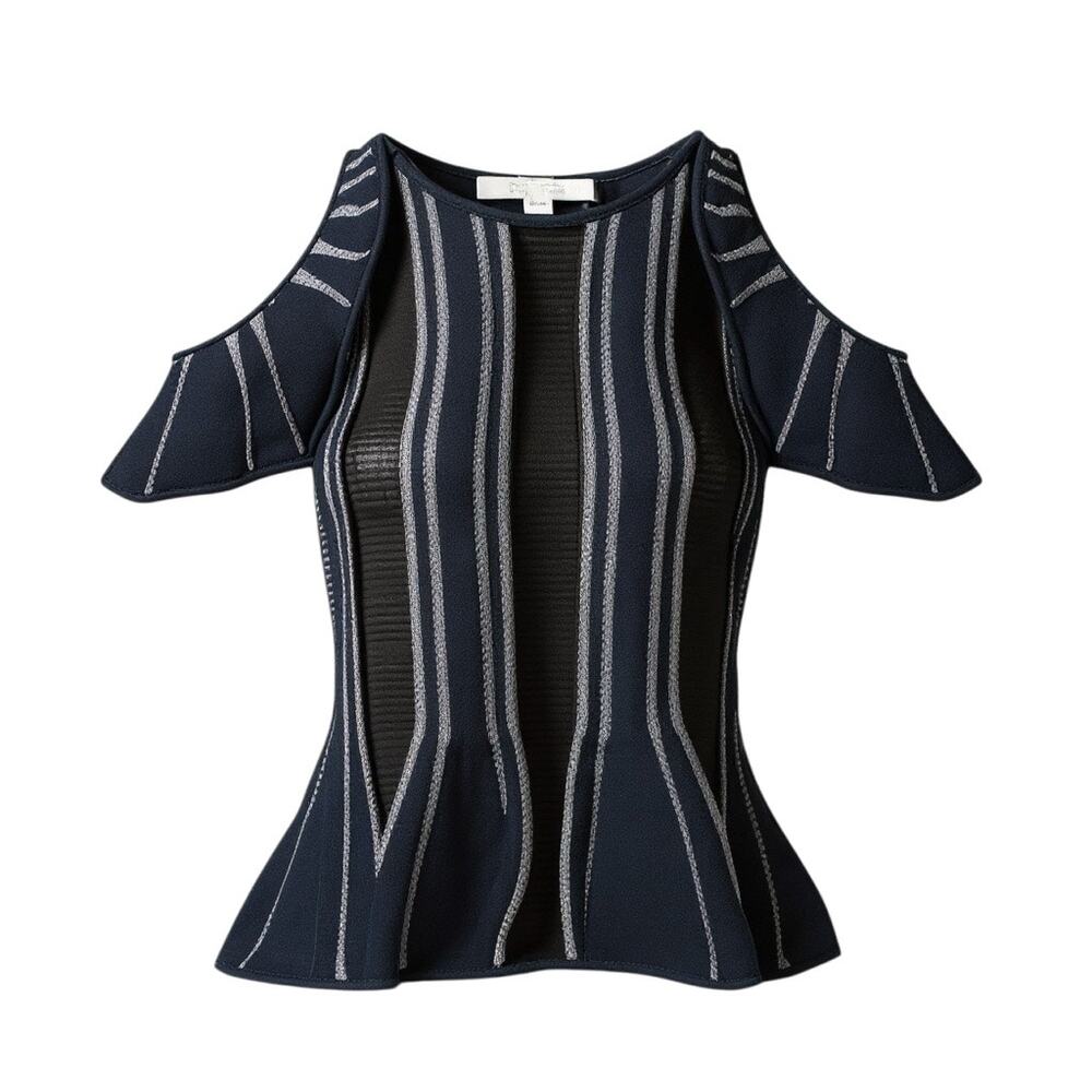 Jonathan Simkhai Navy Blue Striped Cold Shoulder Knit Crochet Peplum